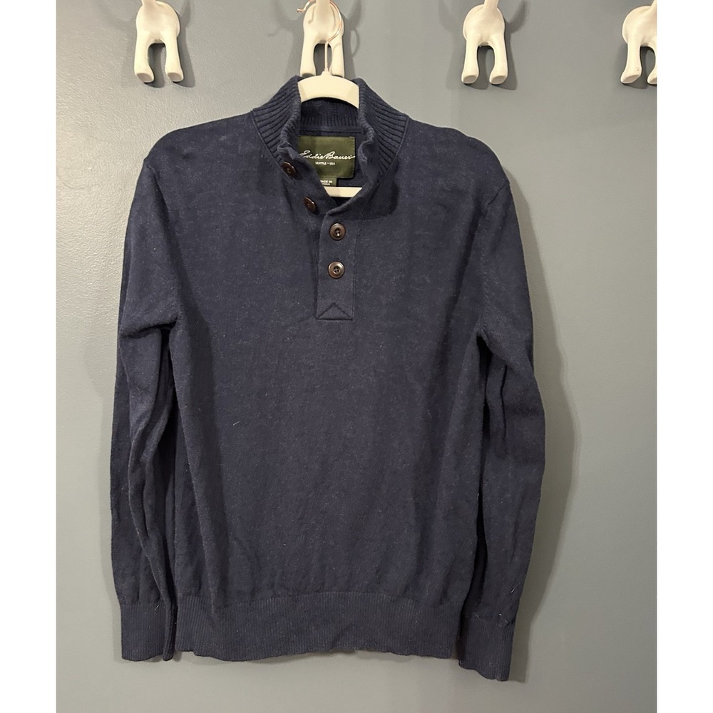 Eddie Bauer Sweater Blue Pullover Cashmere Blend Ribbed‎ Button Size Medium